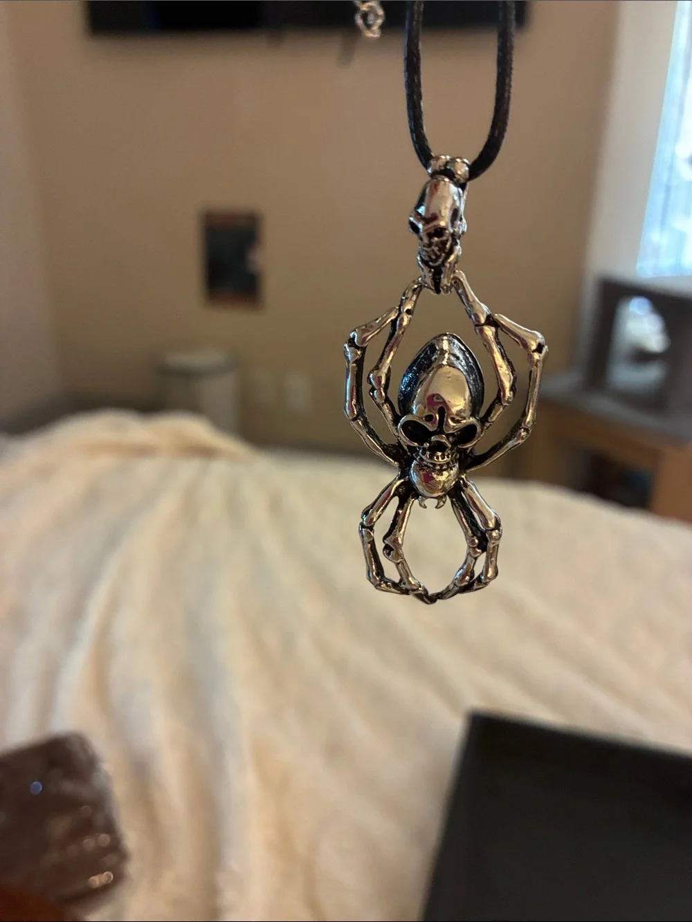 Silver Spider Skeleton Pendant Necklace With A Black Cord